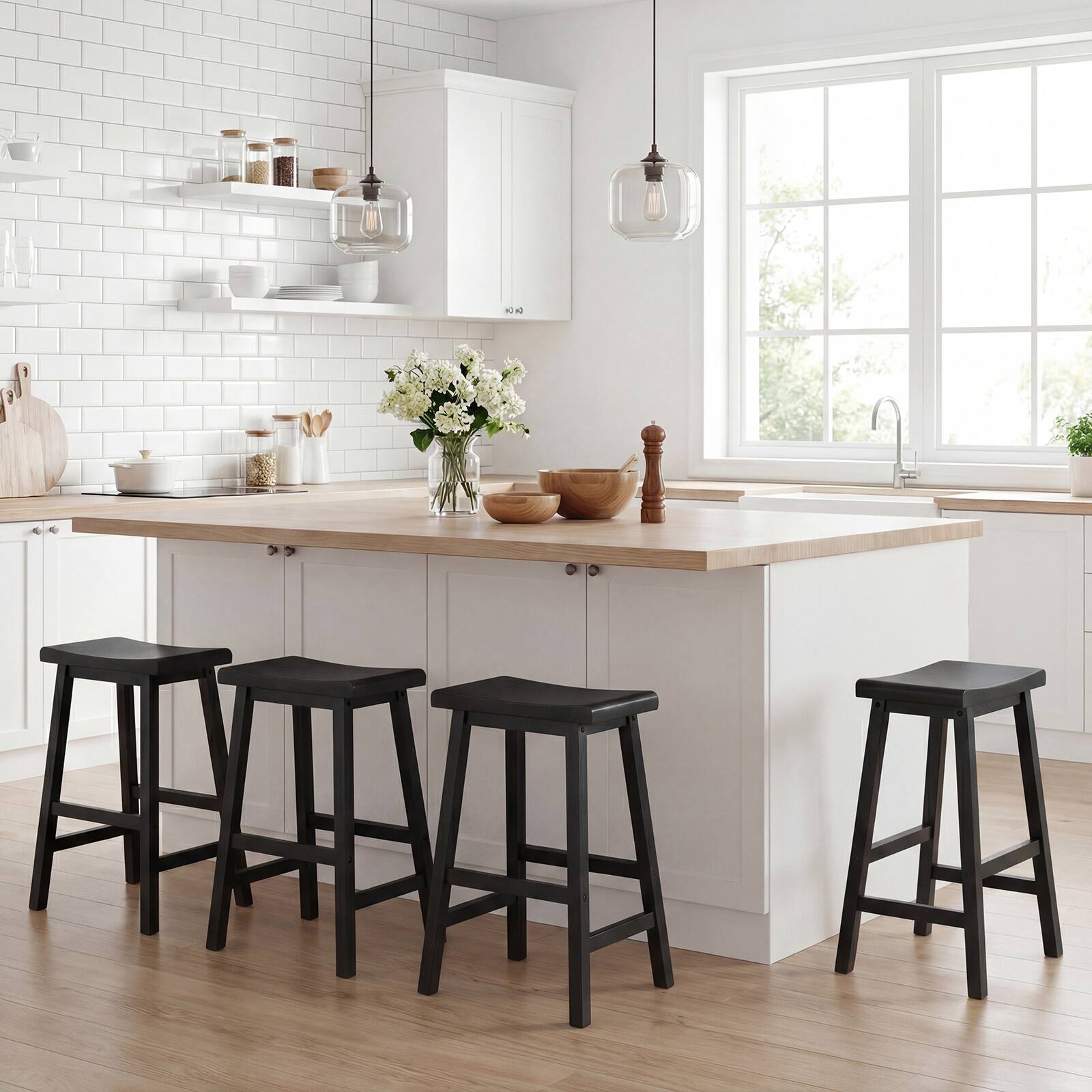 Alt View 3. Gymax - Gymax Solid Wood Saddle Bar Stools Set of 4 Backless Wooden Barstools w/Footrests Black - Black.