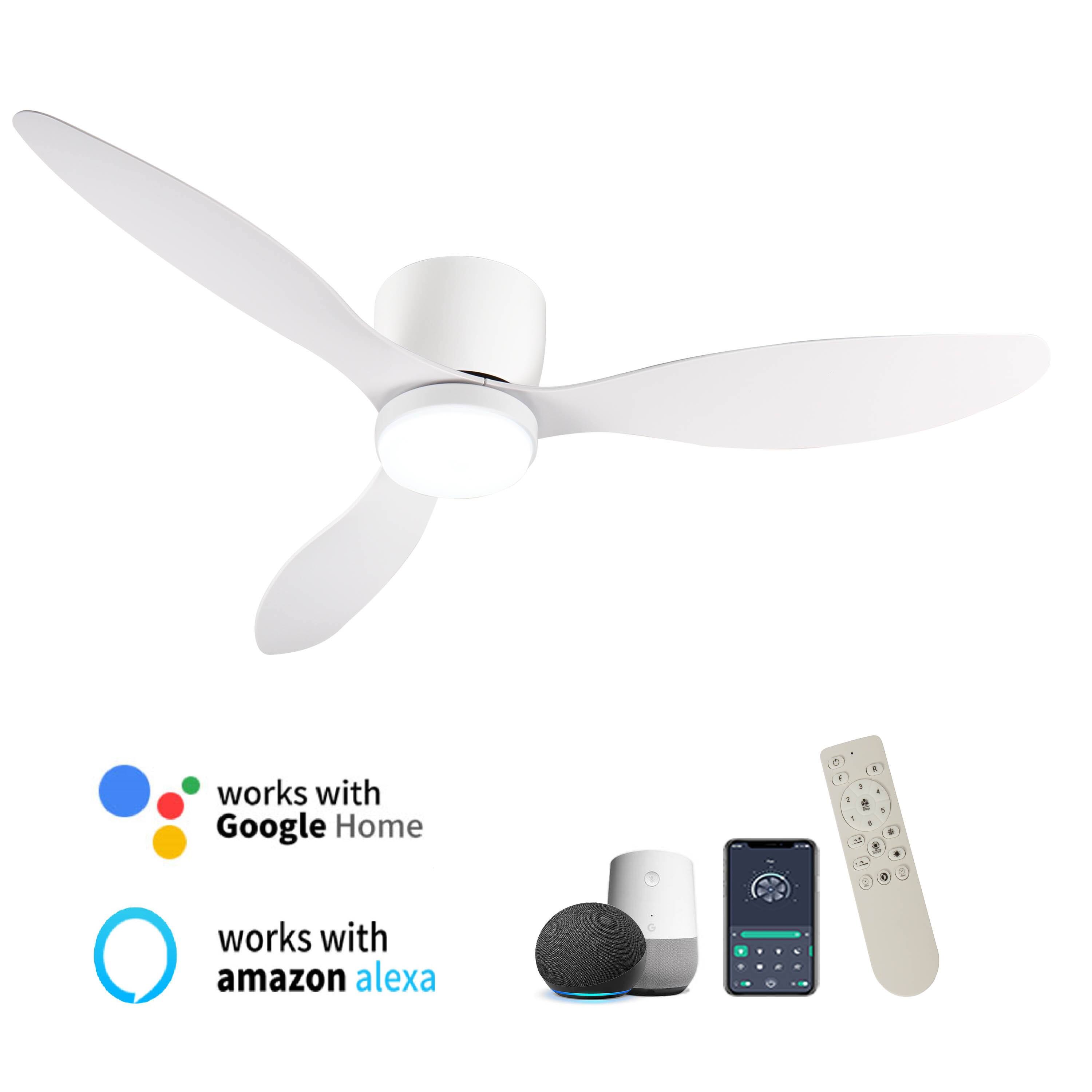 Sofucor - 52 Inch Smart Ceiling Fans with Integrated LED Lights Low Profile Flush Mount Ceiling Fan with Alexa/App/Remote Control - White