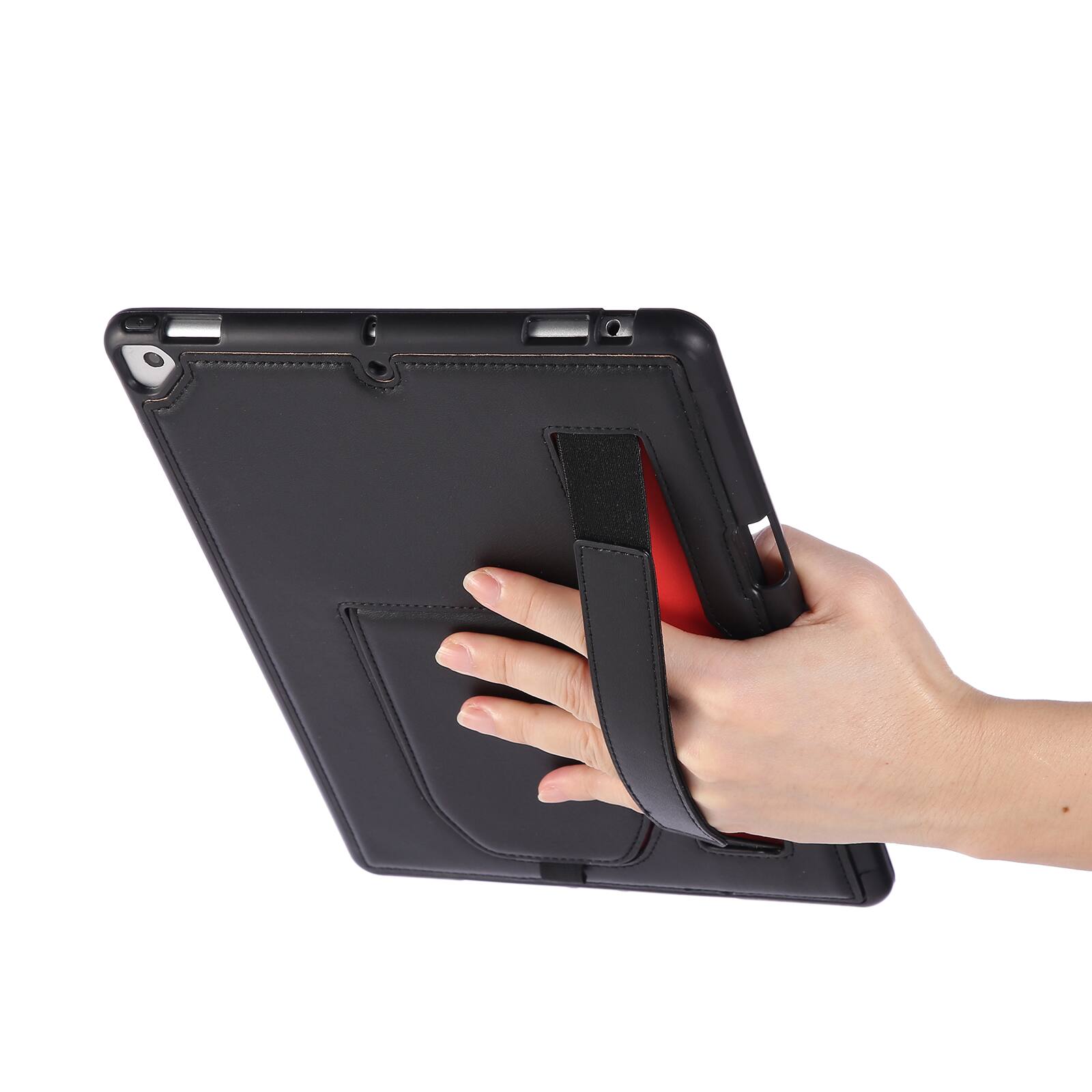 Angle. Dteck - Shockproof Case for Apple iPad (9th Generation) 10.2" 2021 with Hand Strap Kickstand, PU Leather TPU Protective Cover - Black.