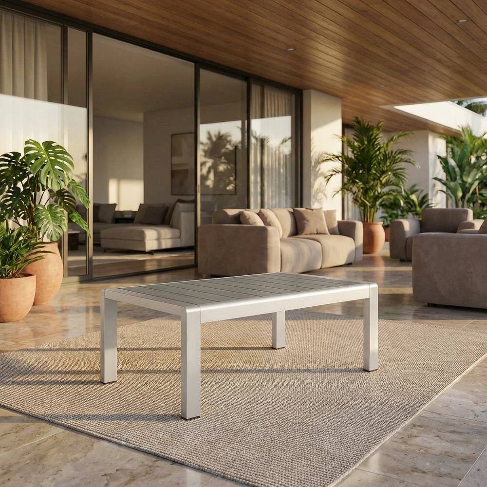 Angle. Outdoor Escape - Aluminum Outdoor Coffee Table With Modern Design And Sturdy Base - Gray.