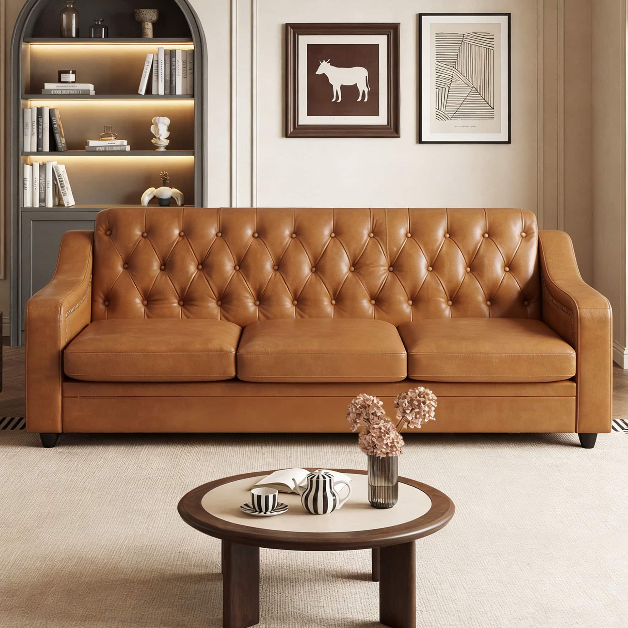 Dyonery - 78.7" Three Seater Sofa, Chesterfield Sofa, Mid-Century Modern PU Upholstered, Deep Button Tufted Sofa,Red Brown - Brown