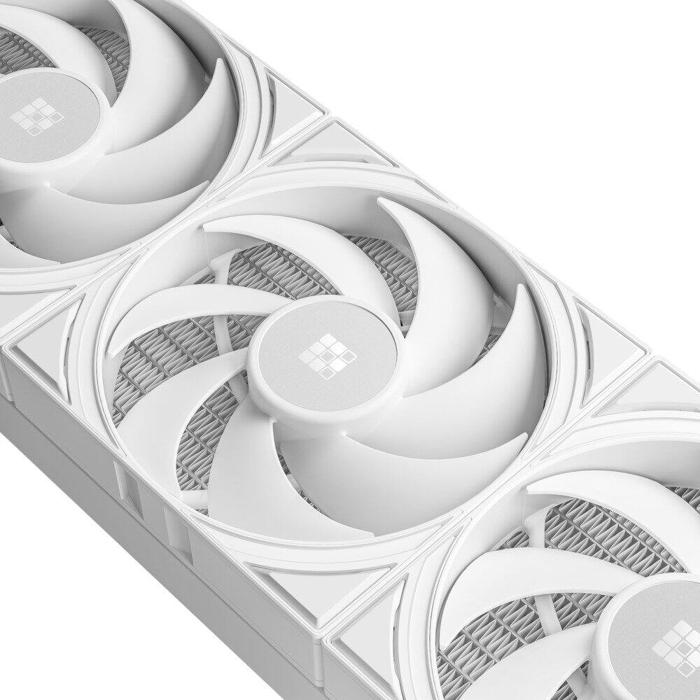 Angle. Sudokoo - NEXAURA 360 WH Liquid Cooler, 360mm, PWM Pump, 2500-3600RPM, Diamond Glow ARGB Pump Head, Fluid Dynamic Bearing Fans - White.
