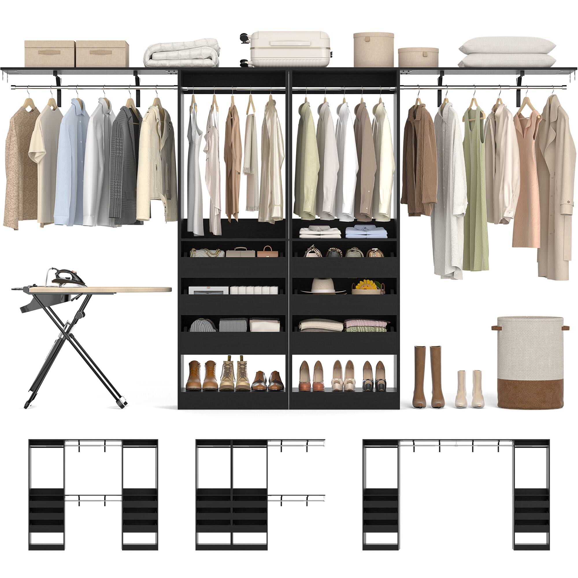 Left. Aheaplus - 10FT Large Closet Organizer System Set of 2, Wall Mounted Closet System with 6 Drawers, 4 Hanging Rods, and Shelves - Black.