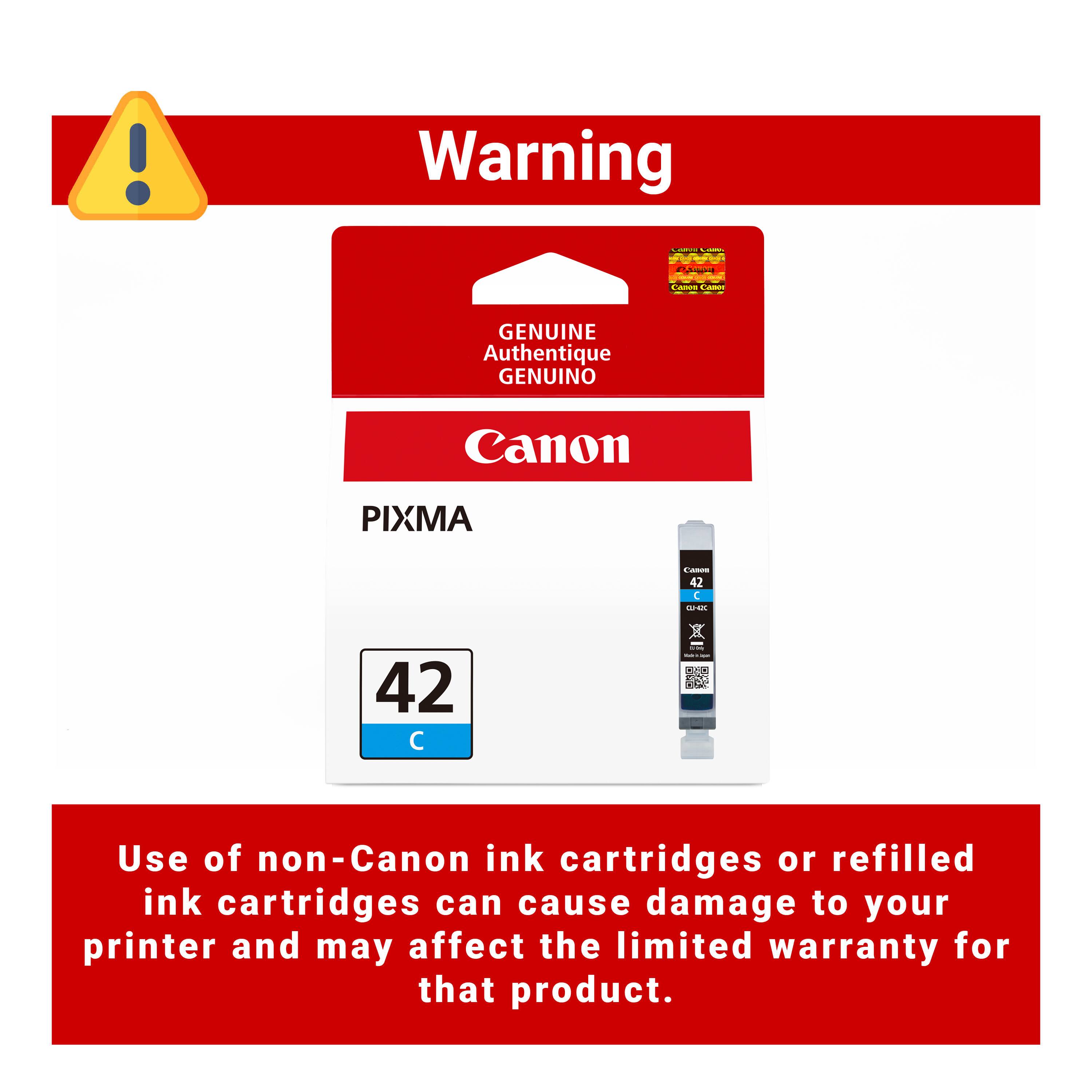 Warning

- 12 -

Cases CANN

GENUINE Authentique GENUINO

Canon

PIXMA

Cake 42 C CL-42C

42

- - capac

Use of non-Canon ink cartridges or refilled ink cartridges can cause damage to your printer and may affect the limited warranty for that product.
