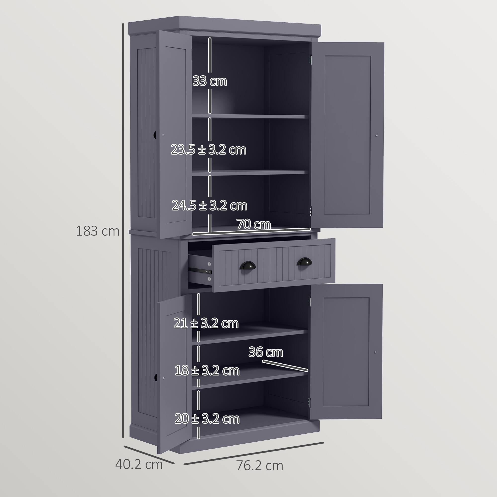 33 cm  
23.5 ± 3.2 cm  
24.5 ± 3.2 cm  
70 cm  
183 cm  
21 ± 3.2 cm  
36 cm  
18 ± 3.2 cm  
20 ± 3.2 cm  
40.2 cm  
76.2 cm
