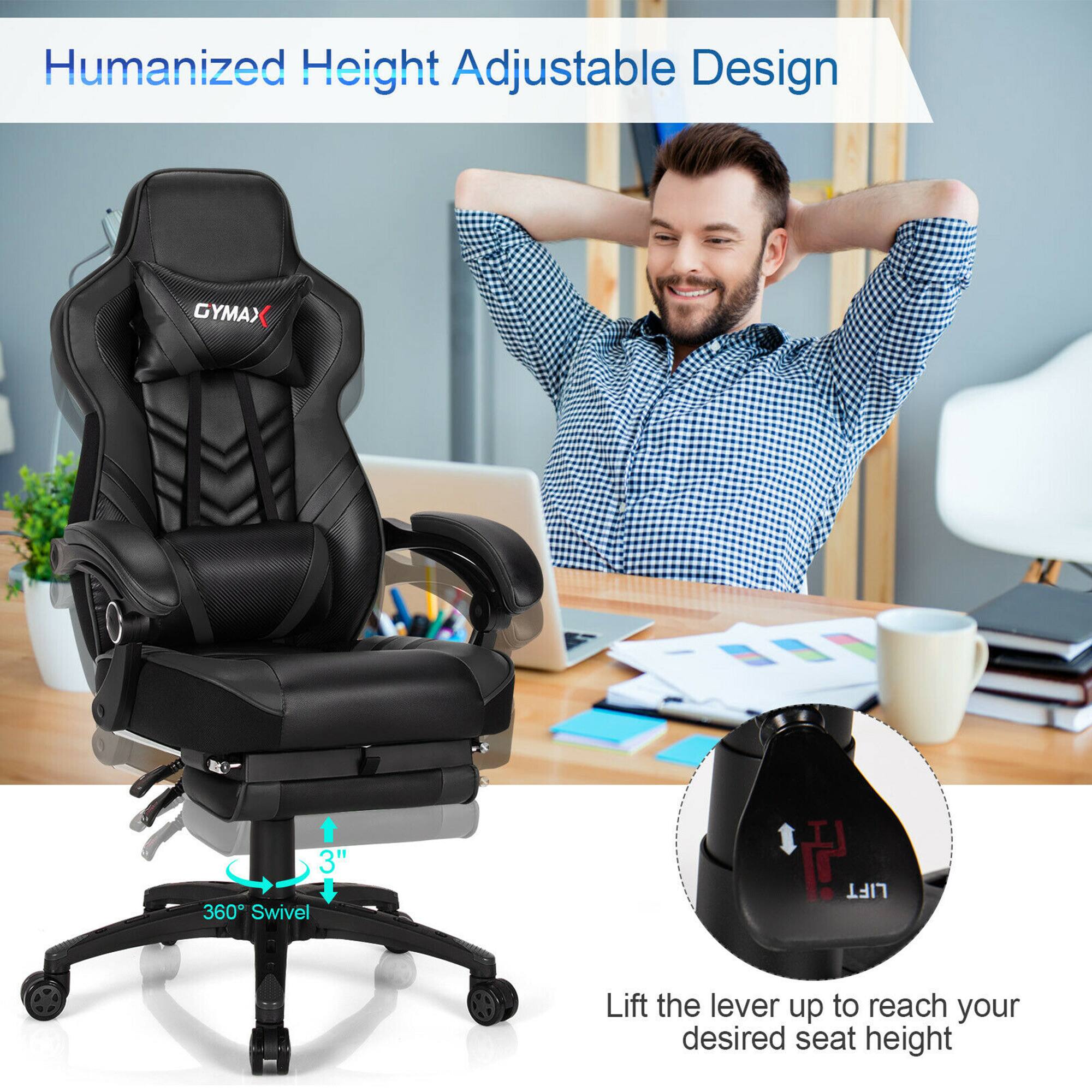 Humanized Height Adjustable Design

GYMA) 3" 360 Swivel

Lift the lever up to reach your desired seat height

Stable Design