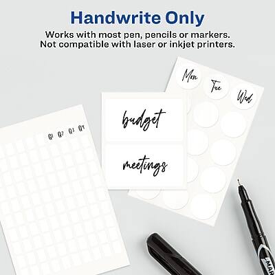 Handwrite Only  
Works with most pen, pencils or markers.  
Not compatible with laser or inkjet printers.  

Mon Tue Wed  
01 02 03  

budget  
meetings