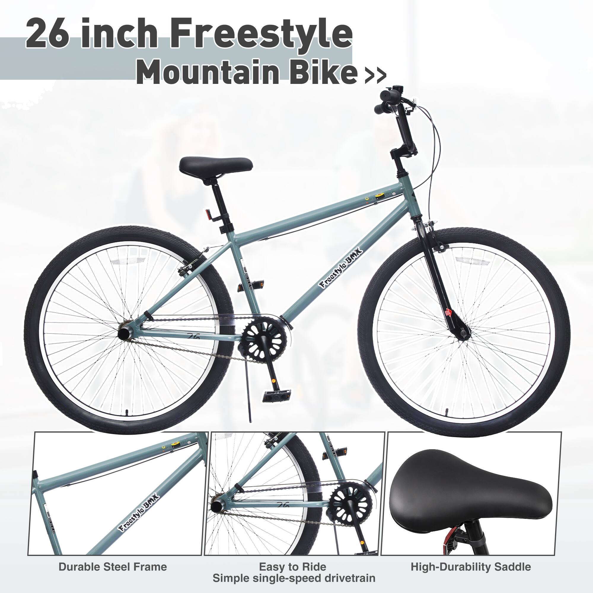 26 inch Freestyle Mountain Bike >>

- Durable Steel Frame
- Easy to Ride
- Simple single-speed drivetrain
- High-Durability Saddle