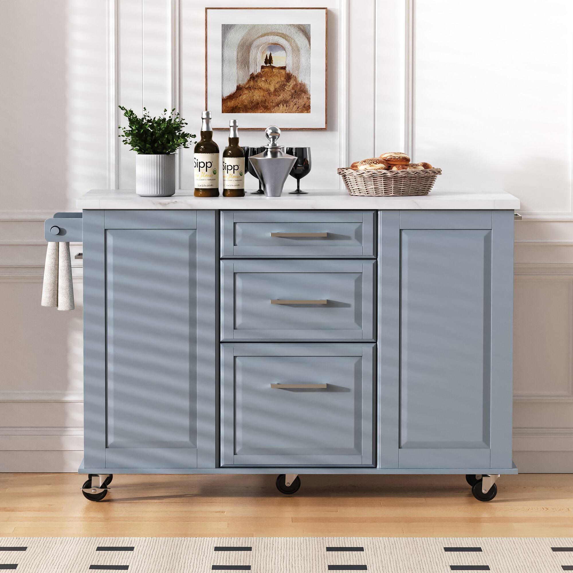 PexFix - 50.7" Mobile Kitchen Island with Drop Leaf & Hidden Trash Can - Rolling Cart with Drawers, Organizer & Faux Marble Top - Gray