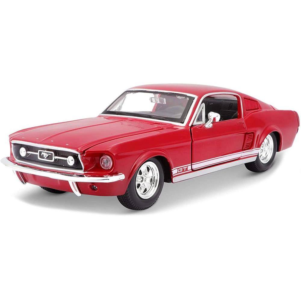 Angle. Maisto - 1967 Ford Mustang GT Red with White Stripes 1/24 Diecast Model Car by Maisto - Red with White.