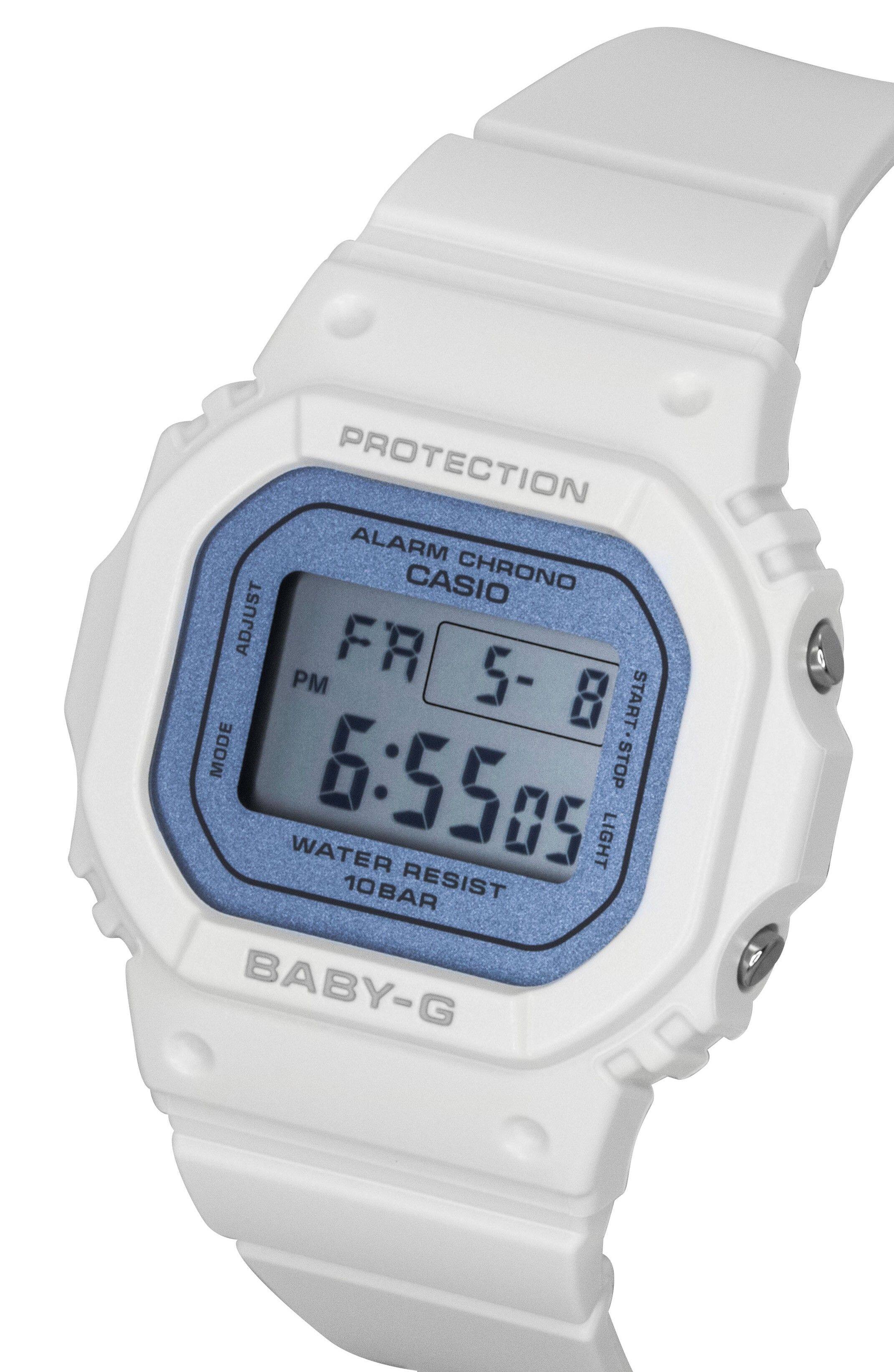 PROTECTION ALARM CHRONO CASIO ADJUST FR PM 5-8 START. MODE STOP WATER 6:5505 LIGHT 10BAR RESIST BABY-G