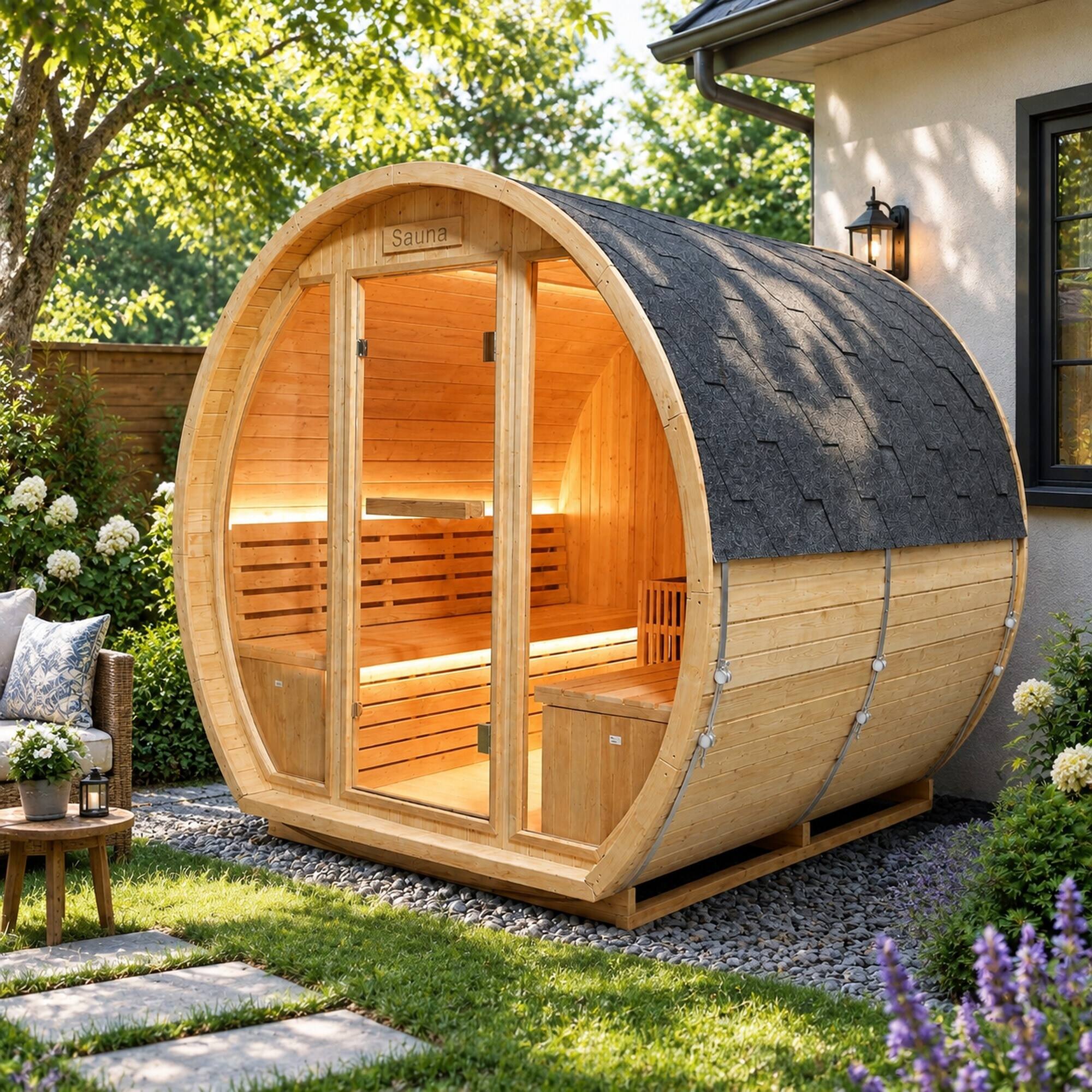 Alt View 2. RYHNUYNE - 9000W Outdoor Sauna Room, 240V Carbonized Spruce, 4-6 Person, 203 cm, Metal Stove, LED Lights - Ameican White Oak.