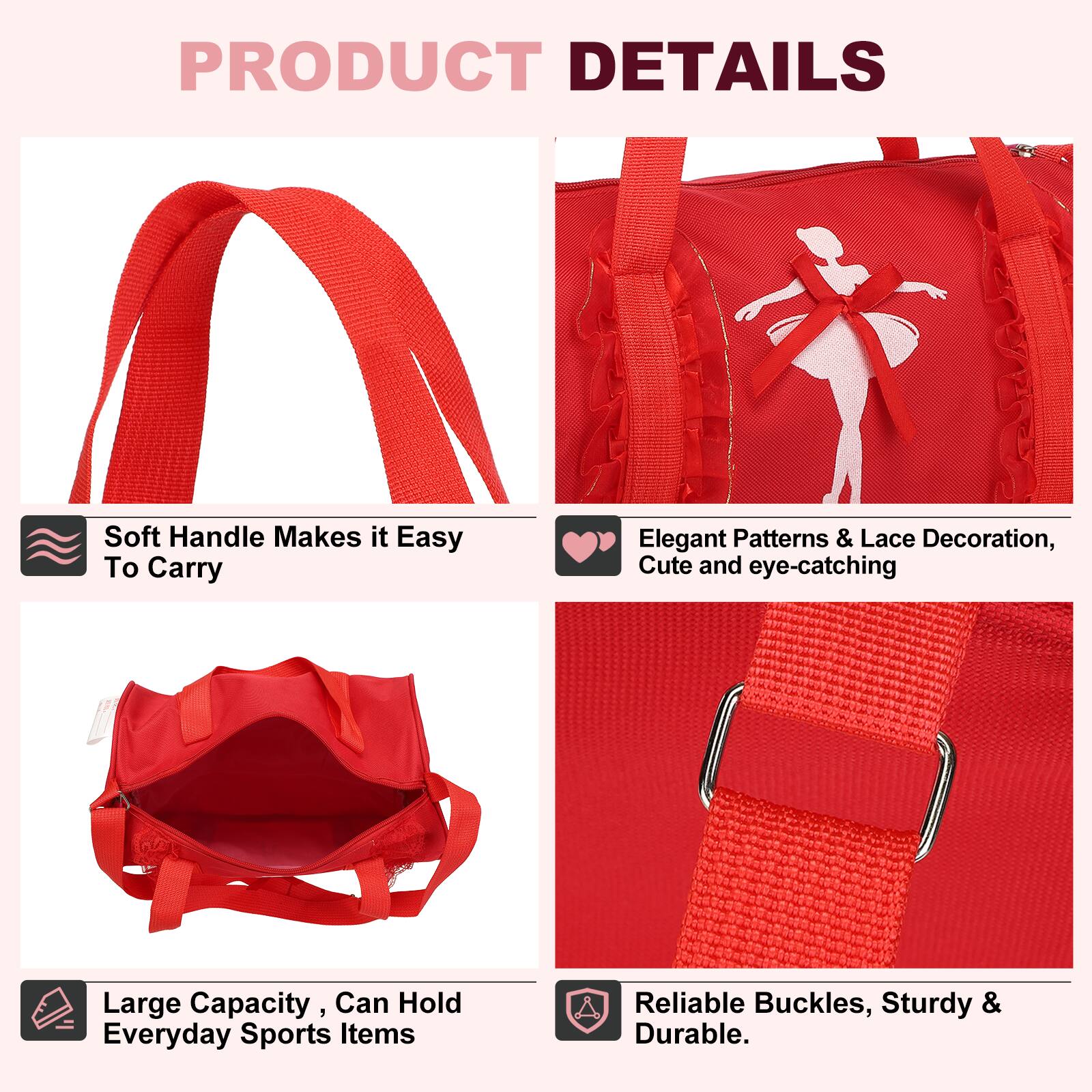 PRODUCT DETAILS

- Soft Handle Makes it Easy To Carry
- Elegant Patterns & Lace Decoration, Cute and eye-catching
- Large Capacity, Can Hold Everyday Sports Items
- Reliable Buckles, Sturdy & Durable