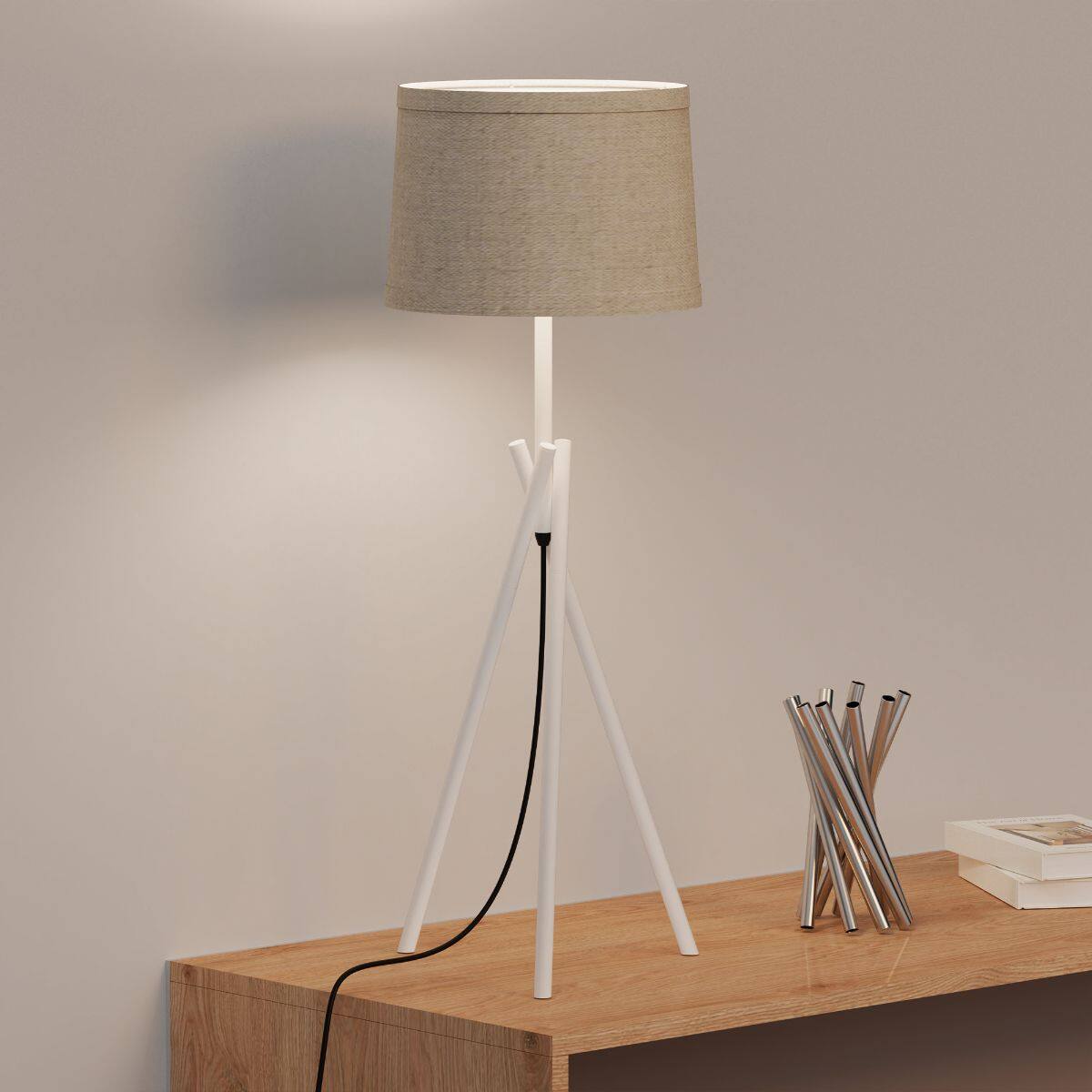 Back. Infibrite - Sleek Crossed Legs 26 Inch Table Lamp with Fabric Shade, E26 Bulb Compatible - White.