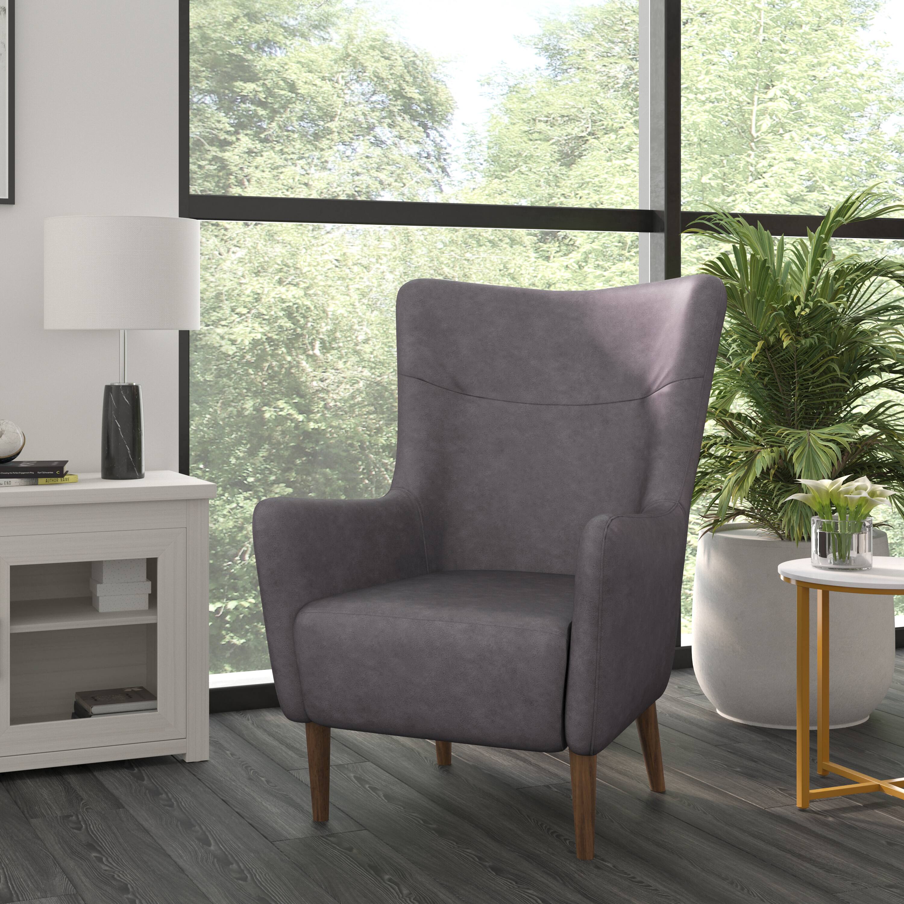 Alt View 1. Emma + Oliver - Kellen Traditional Wingback Accent Chair, Faux Leather Upholstery and Wooden Frame and Legs - Dark Gray.