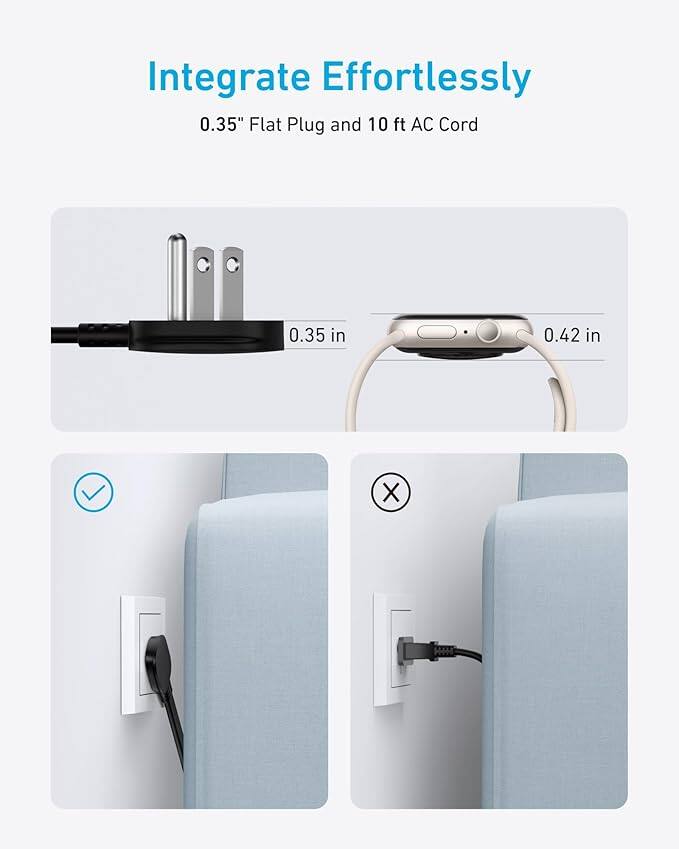 Integrate Effortlessly  
0.35" Flat Plug and 10 ft AC Cord  

0.35 in  
0.42 in