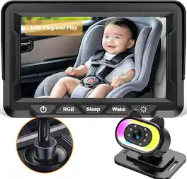 PRIMEPLUS - Baby Car Camera with RGB Light - USB Plug & Play 1080P HD Monitor, 940nm Safe Night Vision, 150° Wide-Angle, 360° Swivel