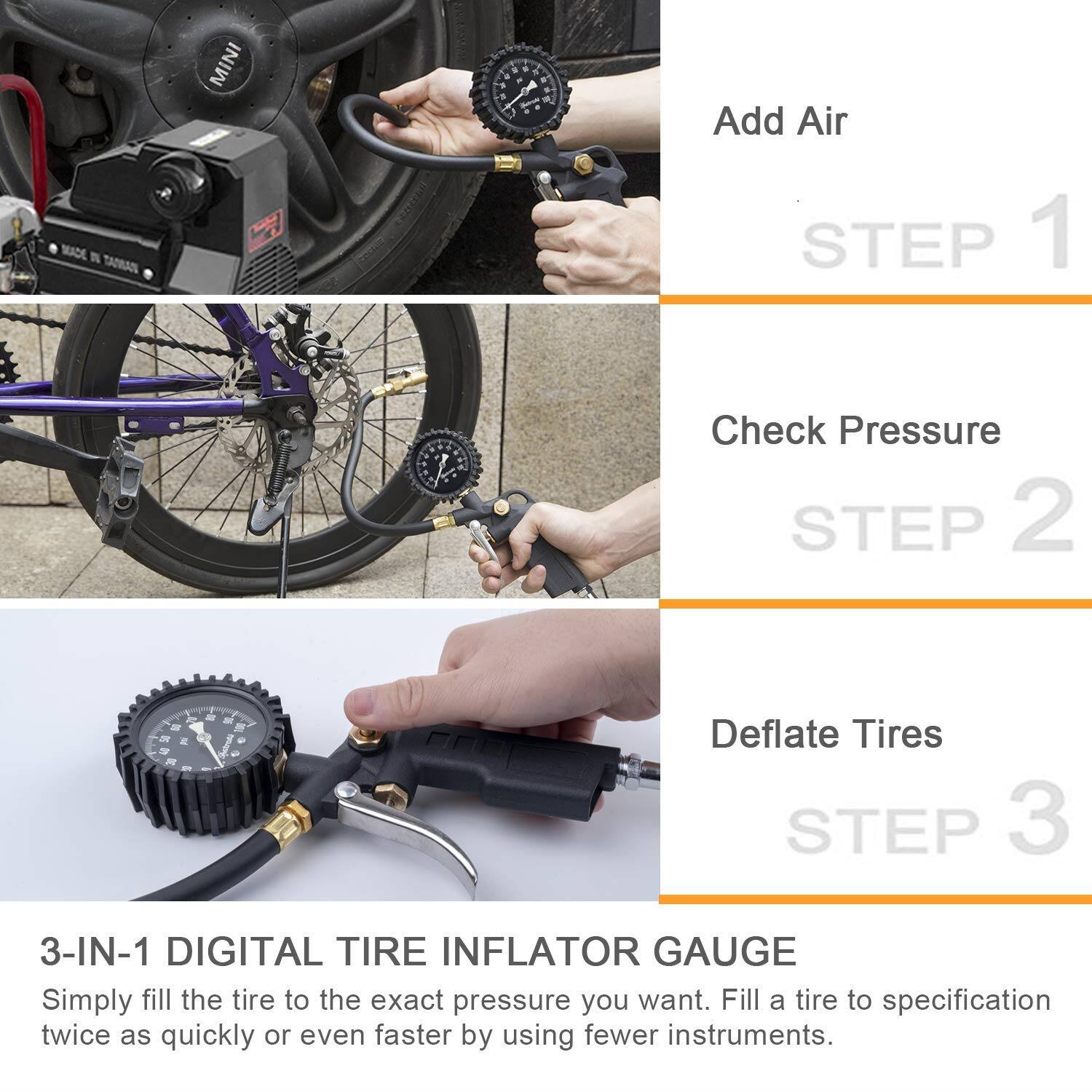 MINI a 5. a - - . Add Air MADE TANIAOS STEP 1 Check Pressure STEP 2 - . a - 2 - - f . Deflate Tires STEP 3 3-IN-1 DIGITAL TIRE INFLATOR GAUGE Simply fill the tire to the exact pressure you want. Fill a tire to specification twice as quickly or even faster by using fewer instruments.