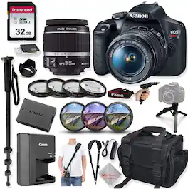 Bundle - Canon - EOS Rebel T7 DSLR Camera Kit with 18-55mm Lens, Monopod, Tripod and 32GB SD Card - Black
