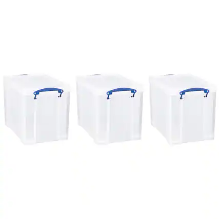 Front. Really Useful Box - Really Useful Box 19L Storage Container with Lid and Clip Lock Handles, (3 Pack) - Clear.