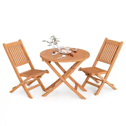 Front. Costway - Costway 3pcs Patio Outdoor Indonesia Teak Wood Bistro Dining Set Folding Chair & Table Slatted - Natural.