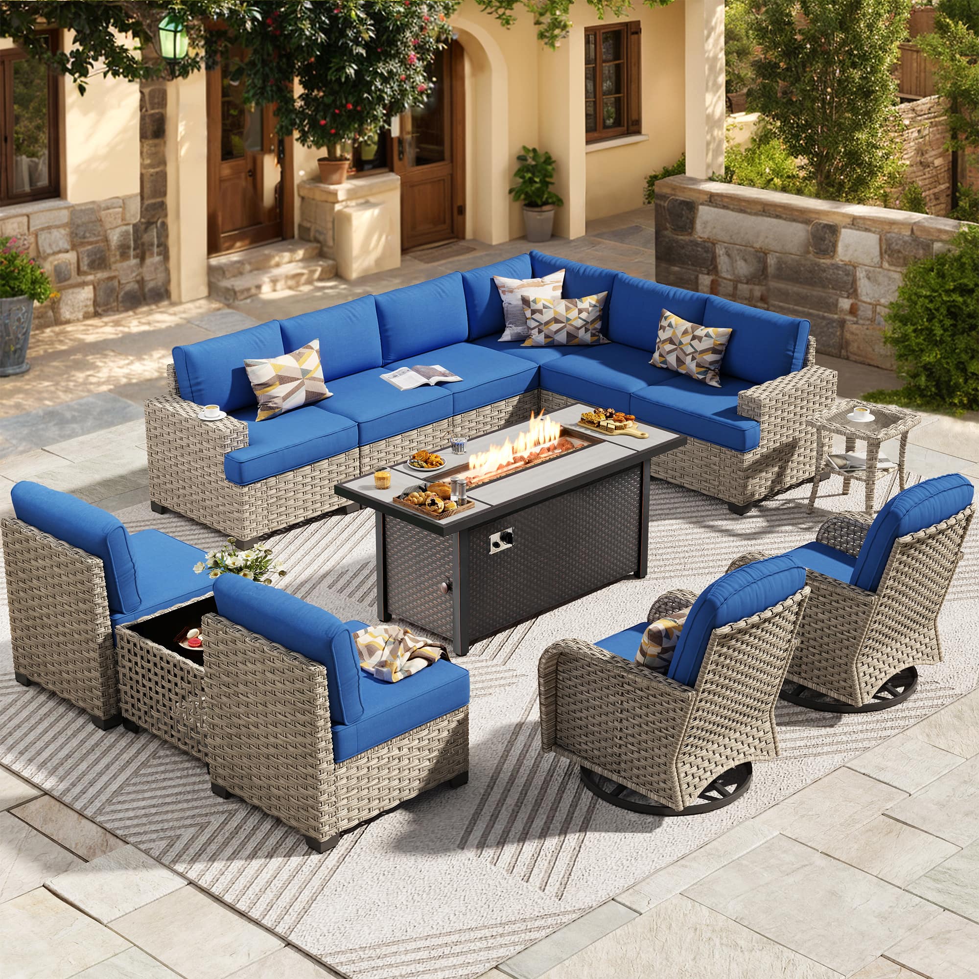 Ovios - 13 PCS Outdoor Patio Furniture Sectional Sofa Set with Swivel Chairs & 54“ Fire Pit Table - Navy Blue