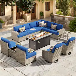 Ovios - 13 PCS Outdoor Patio Furniture Sectional Sofa Set with Swivel Chairs & 54“ Fire Pit Table - Navy Blue