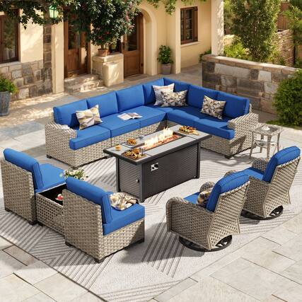 Front. Ovios - 13 PCS Outdoor Patio Furniture Sectional Sofa Set with Swivel Chairs & 54“ Fire Pit Table - Navy Blue.