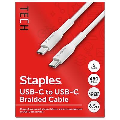 TECH

Staples  
USB-C to USB-C Braided Cable

5 PACK

480 Mbps

6.5FT 2M

Charge & sync smartphones, tablets, and devices supported by USB-C connections.