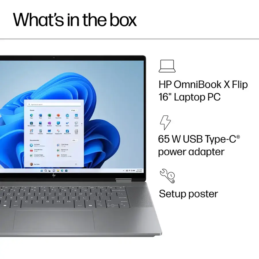 What's in the box: HP OmniBook X Flip 16" Laptop PC, 65 W USB Type-C power adapter, Setup poster.