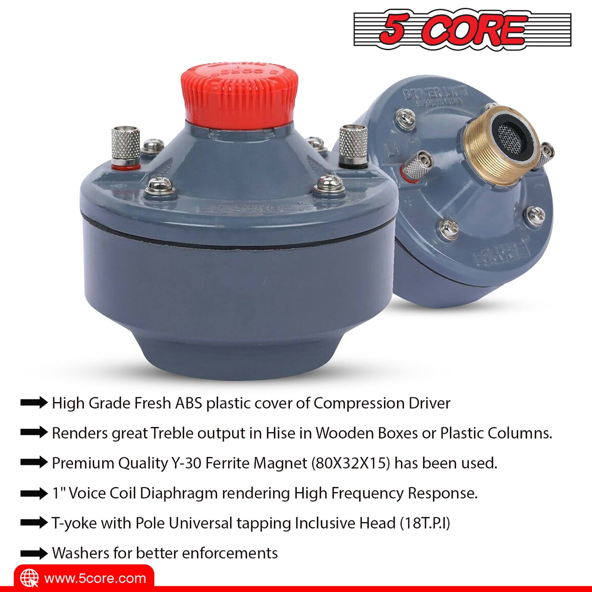 The text from the image can be grouped and corrected as follows:

---

**5 CORE ASSISTANT**

- High Grade Fresh ABS plastic cover of Compression Driver renders great Treble output in High in Wooden Boxes or Plastic Columns.
- Premium Quality Y-30 Ferrite Magnet (80X32X15) has been used.
- 1" Voice Coil Diaphragm rendering High Frequency Response.
- T-yoke with Pole Universal tapping Inclusive Head (18T.P.I) Washers for better reinforcements.

[Website URL: www.5core.com]

---
