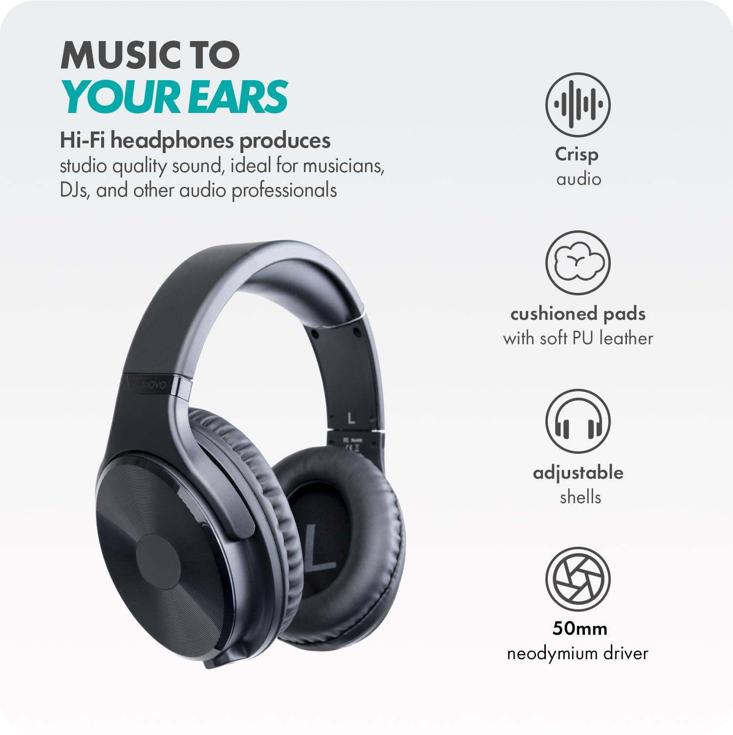 MUSIC TO YOUR EARS

Hi-Fi headphones produces studio quality sound, ideal for musicians, DJs, and other audio professionals

- Crisp audio
- cushioned pads with soft PU leather
- adjustable shells
- 50mm neodymium driver