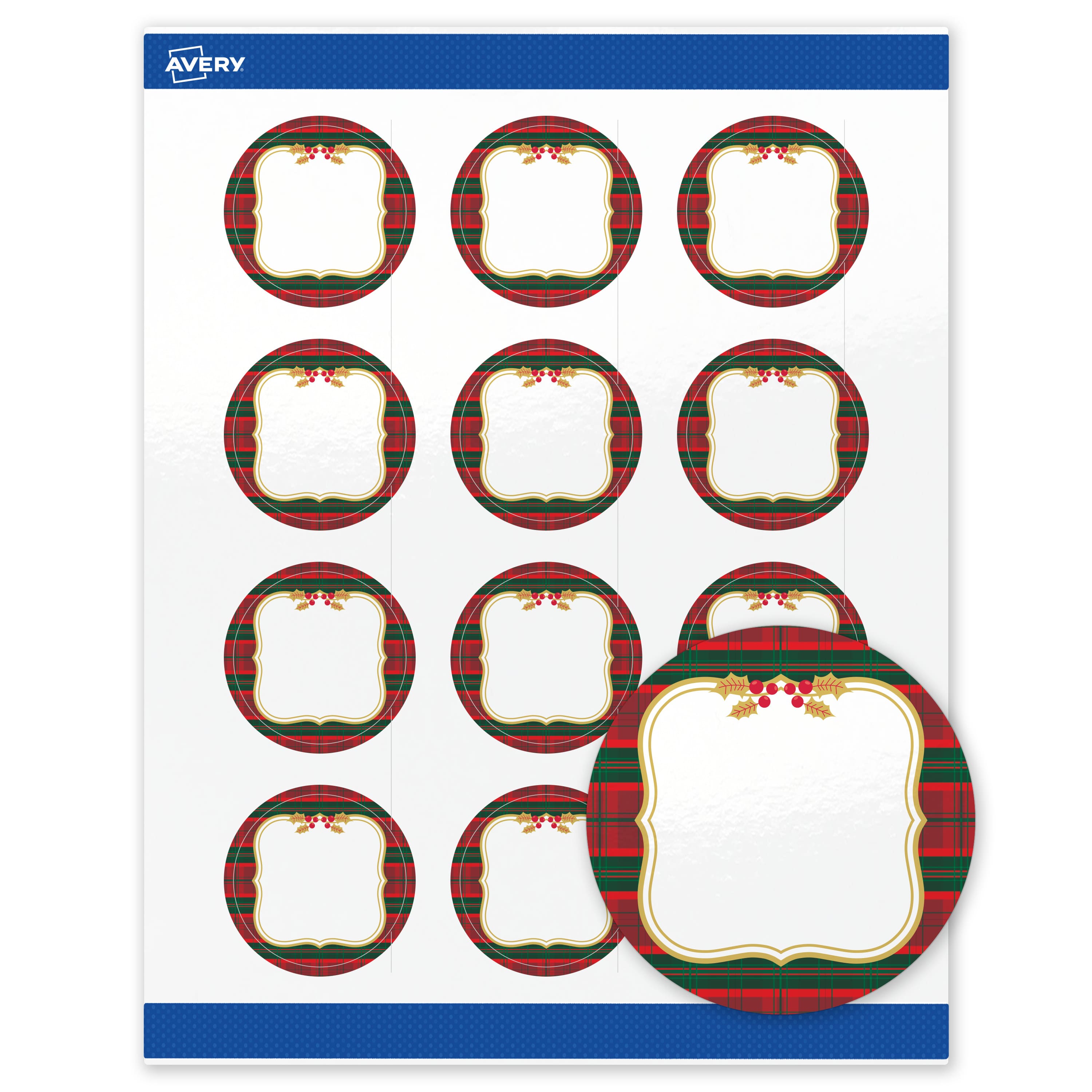 Avery - Avery® Labels, 2" Diameter, Glossy Plaid/Gold Frame - White