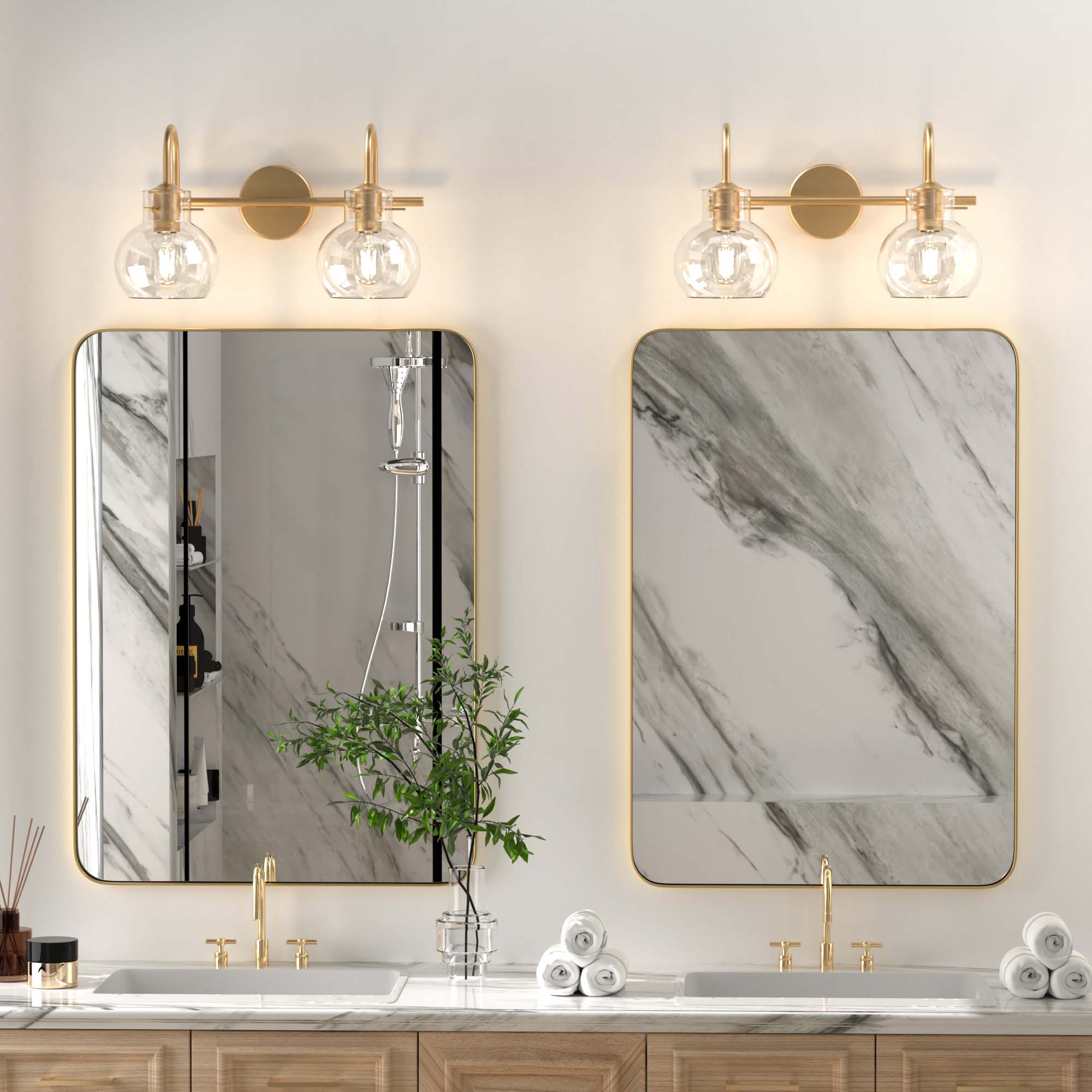 Left. PAIHOME - 2-Light Bathroom Light Fixtures, 11" Modern Vanity Lights with Clear Glass Shade, Bathroom Wall Lamp, E26 Base UL Listed - Gold.