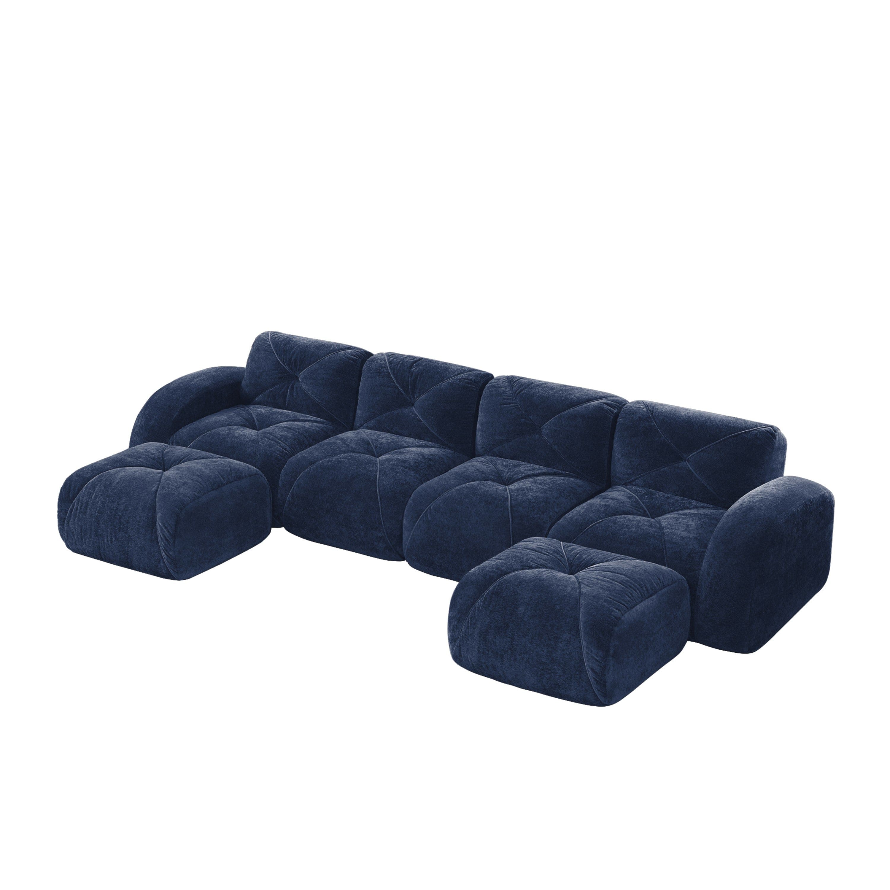 Boyel Living - U Shaped Velvet Tufted Sofa Movable Ottomans 32D HD Sponge Anti Slip Free Combo No Assembly Living Theater Blue - Blue