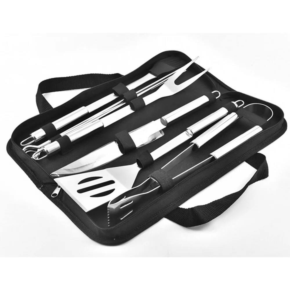 Back. MOVSSOU - BBQ Grill Tools Set Stainless Steel with Case 9 Pcs - silver.