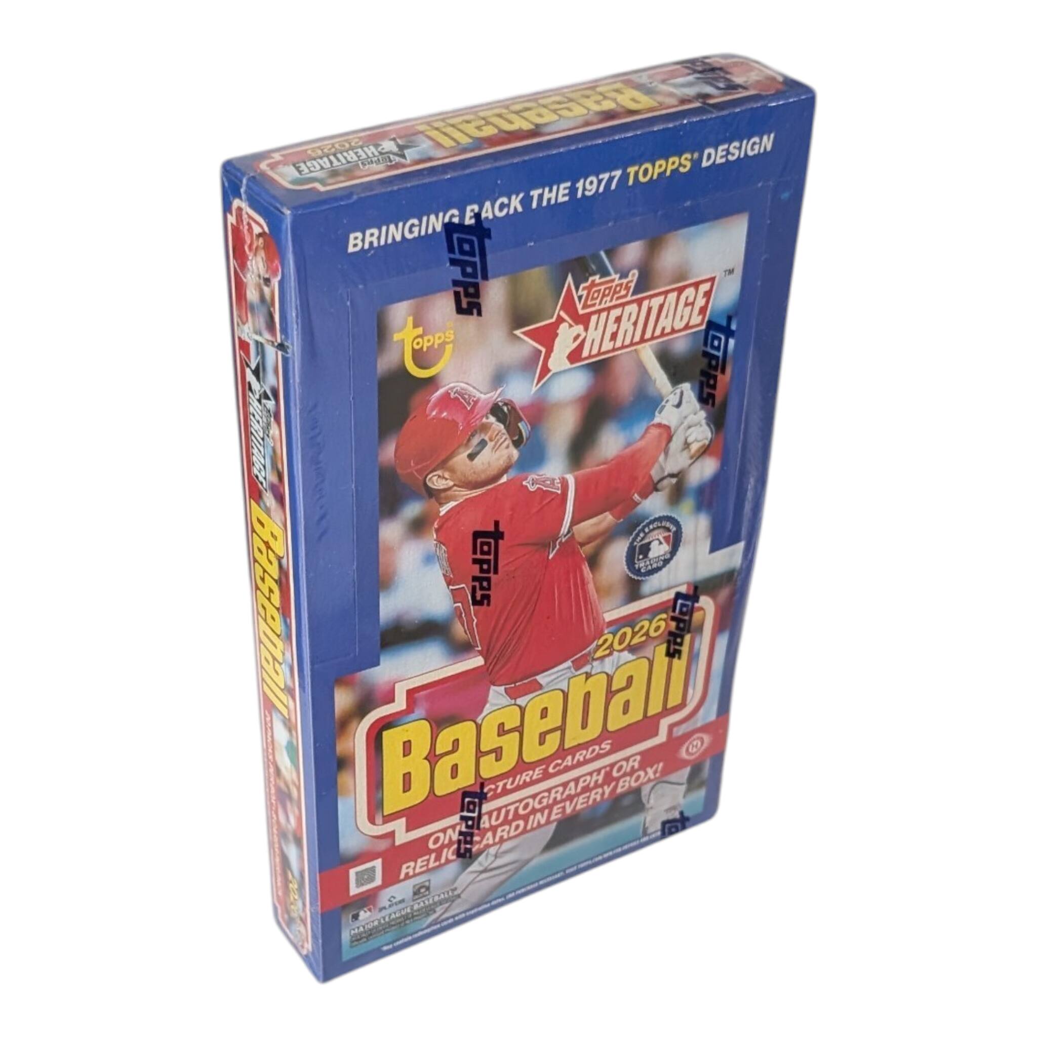 HERITAGE 9006  
FEAT. DESIGN 1977 TOPPS  
BRING THE 1977 TOPPS DESIGN  
TOPPS BASEBALL  
2026  
BASEBALL  
RELICTION ON EVERY CARD  
RELICTION IN EVERY BOX!  
RELICTION ON CARD - RELIC ON CARD  
RELICTION IN EVERY BOX!