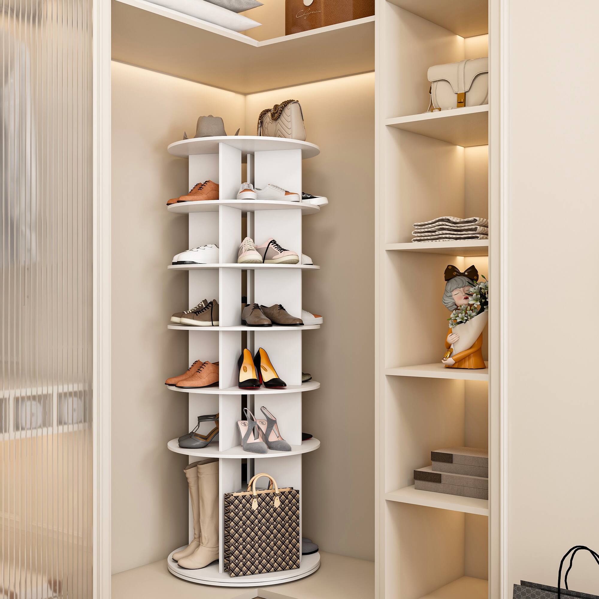 Angle. Z-Edge - 6 Tier Rotating Shoe Rack Tower, Spinning Shoe Display Lazy Susan, Revolving 360 Shoe Rack Storage Round Carousel - White.