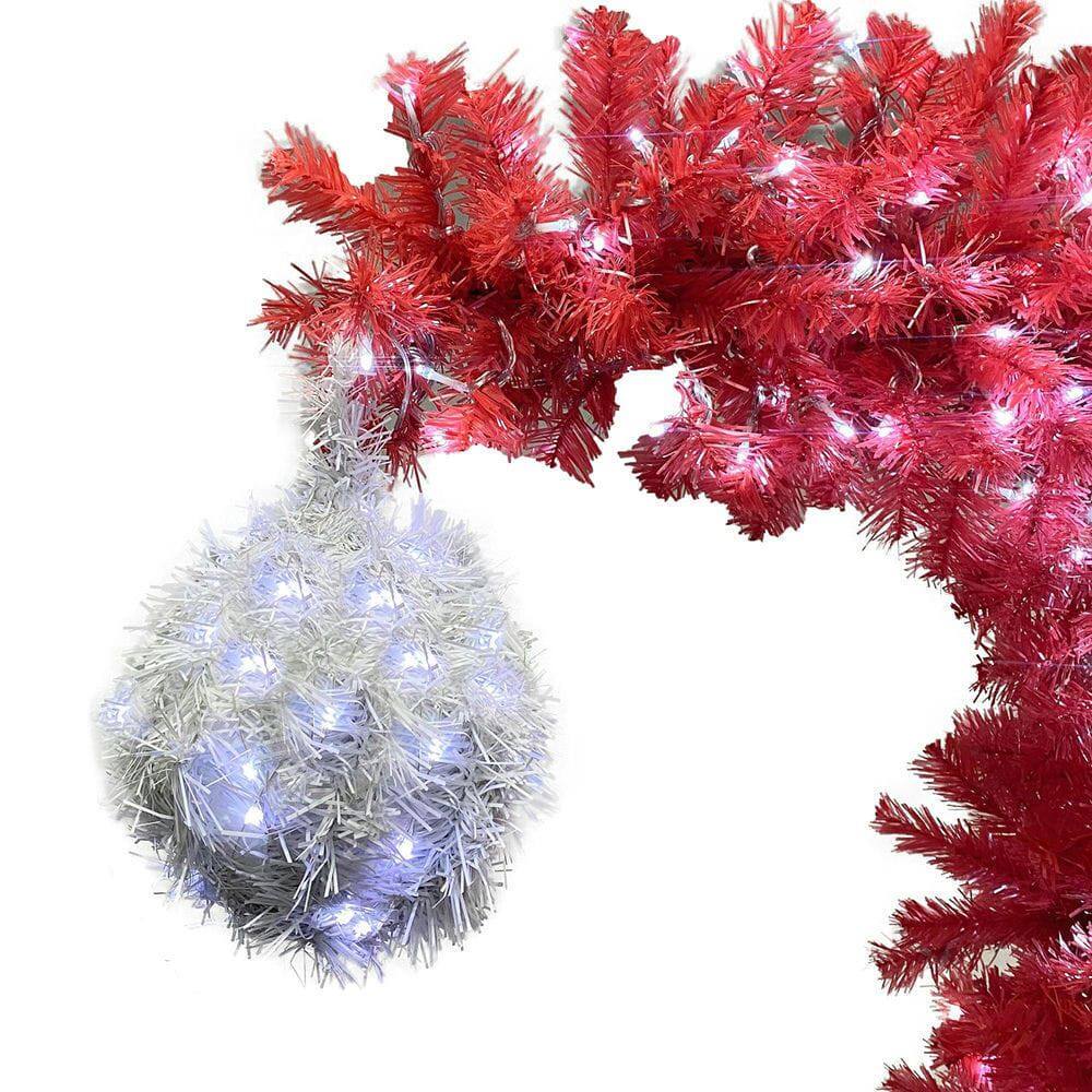 Left. Resenkos - 6ft Pre-Lit Artificial Christmas Tree, Santa Hat Style with 1250 Branch Tips and 300 LED Lights, Red - Red.