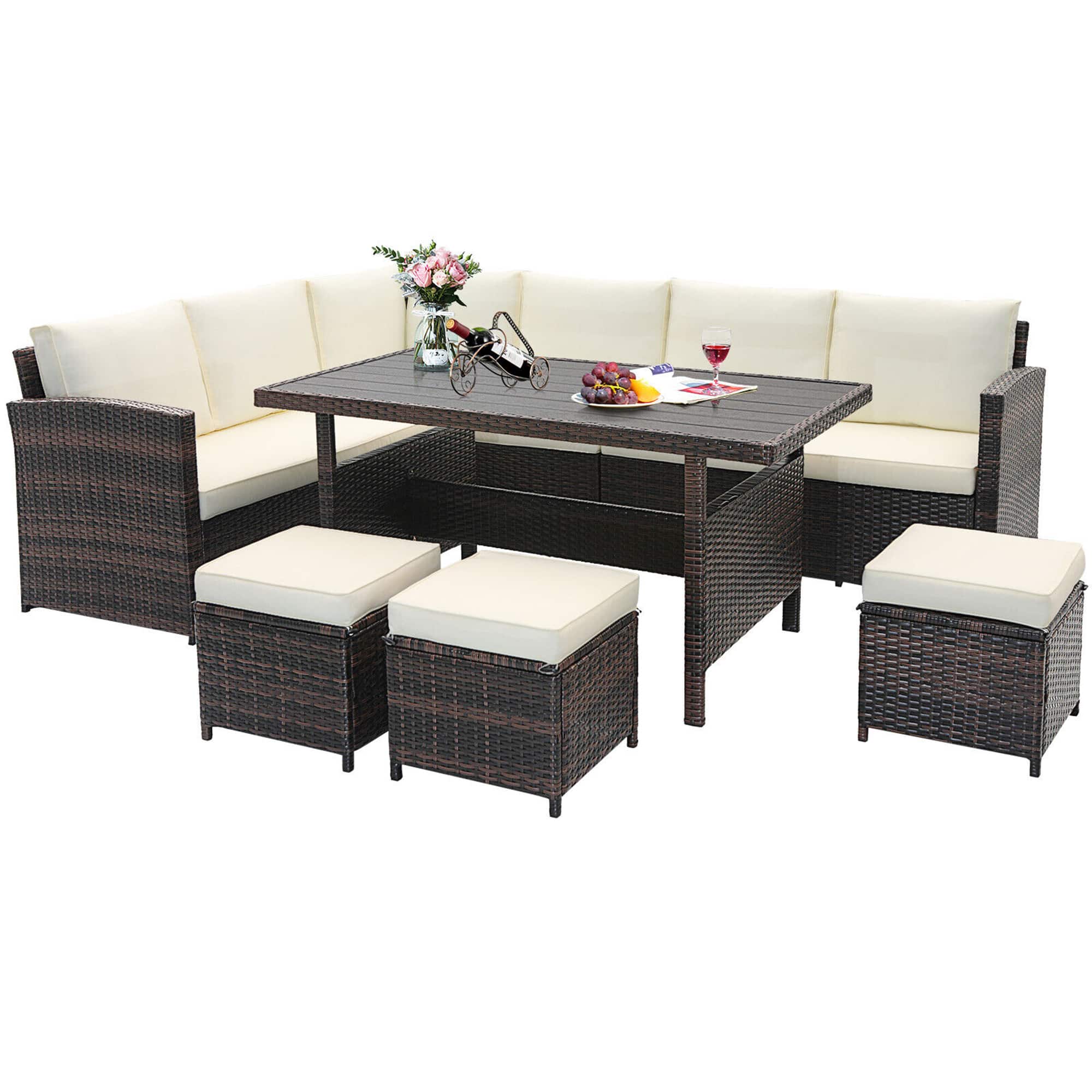 Gymax - 7PCS Wicker Patio Conversation Furniture Set Sectional Sofa Set w/ White Cushions - Mixed Brown, White