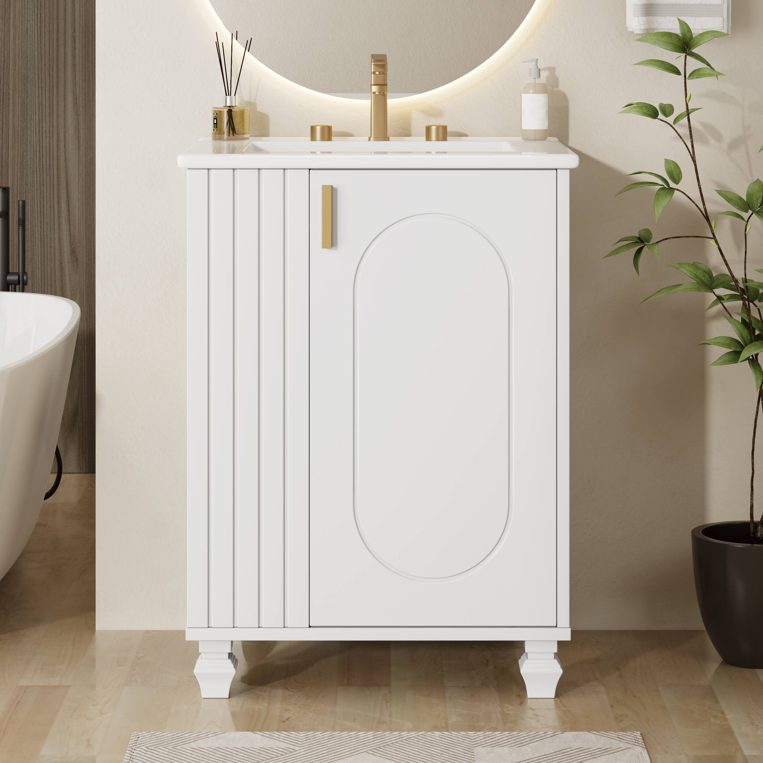 Alt View 8. Glintex - 24" Bathroom Vanity with Sink, Solid Wood Storage Cabinet, Soft-Close Door, Side Open Shelf, Small Bathroom Vanity - White.