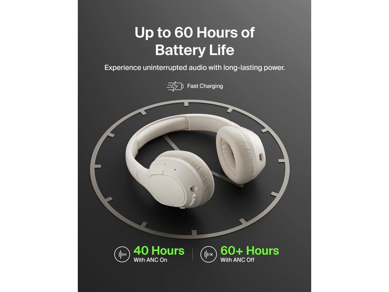 Up to 60 Hours of Battery Life  
Experience uninterrupted audio with long-lasting power.  

Fast Charging  
40 Hours With ANC On  
60+ Hours With ANC Off