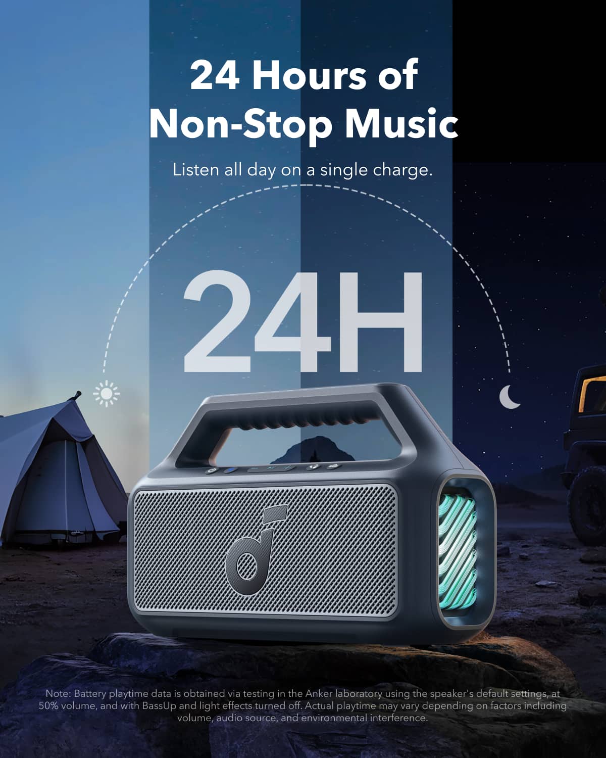 24 Hours of Non-Stop Music: Listen all day on a single charge. Note: Battery playtime data is obtained via testing in the Anker laboratory using the speaker's default settings, at 50% volume, and with BassUp and light effects turned off. Actual playtime may vary depending on factors including volume, audio source, and environmental interference.