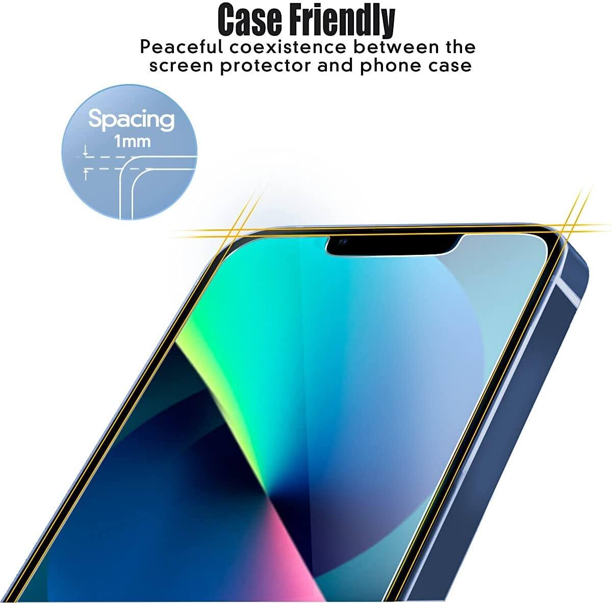 Case Friendly: Peaceful coexistence between the screen protector and phone case. Spacing 1mm.