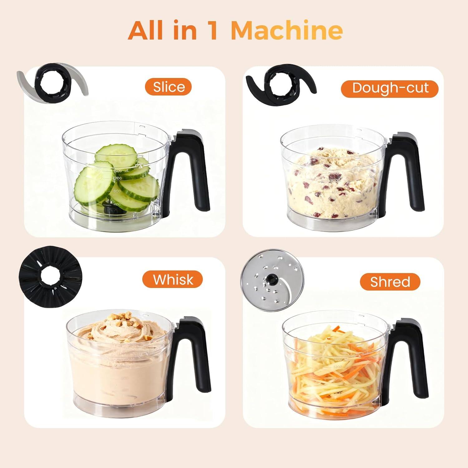 All in 1 Machine

- Slice
- Dough-cut
- Whisk
- Shred