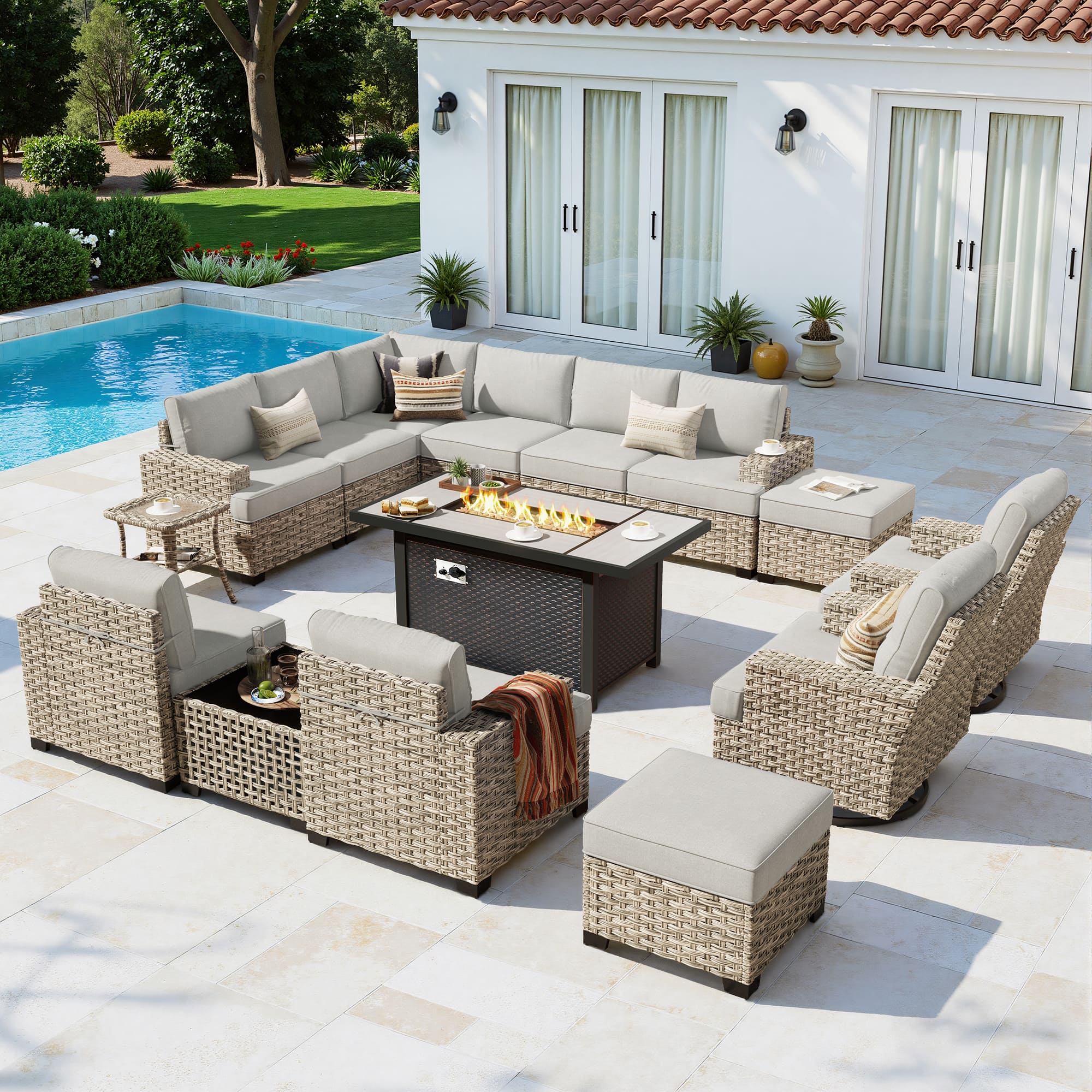 Ovios - 15 PCS Patio Furniture Sofa Set Sectional Couch with Swivel Chair, 54" Fire Pit Table & Ottoman - Gray