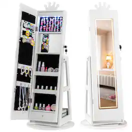 Gymax - Swivel Kids Jewelry Cabinet w/ Lights Full-Length Mirror & Built-in Mirror - White