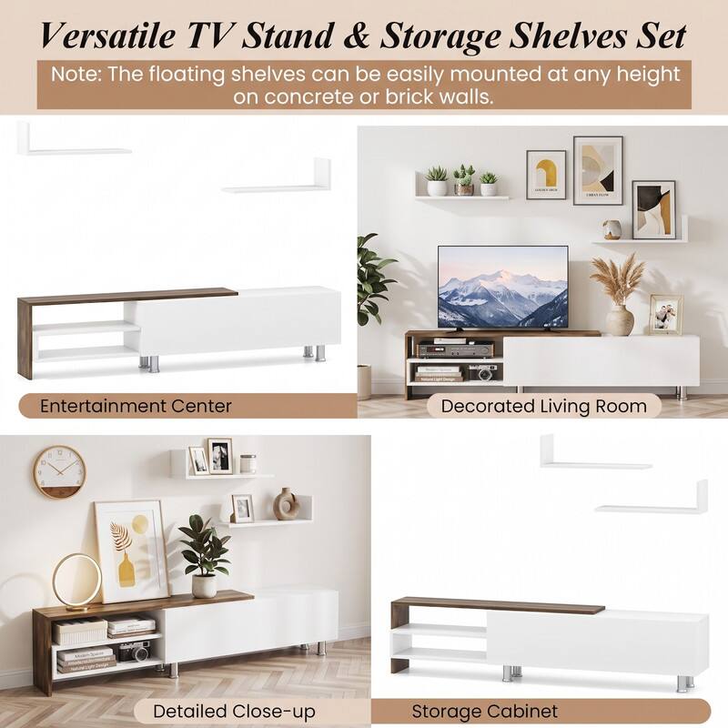 Versatile TV Stand & Storage Shelves Set  
Note: The floating shelves can be easily mounted at any height on concrete or brick walls.

Entertainment Center

Decorated Living Room

Detailed Close-up

Storage Cabinet