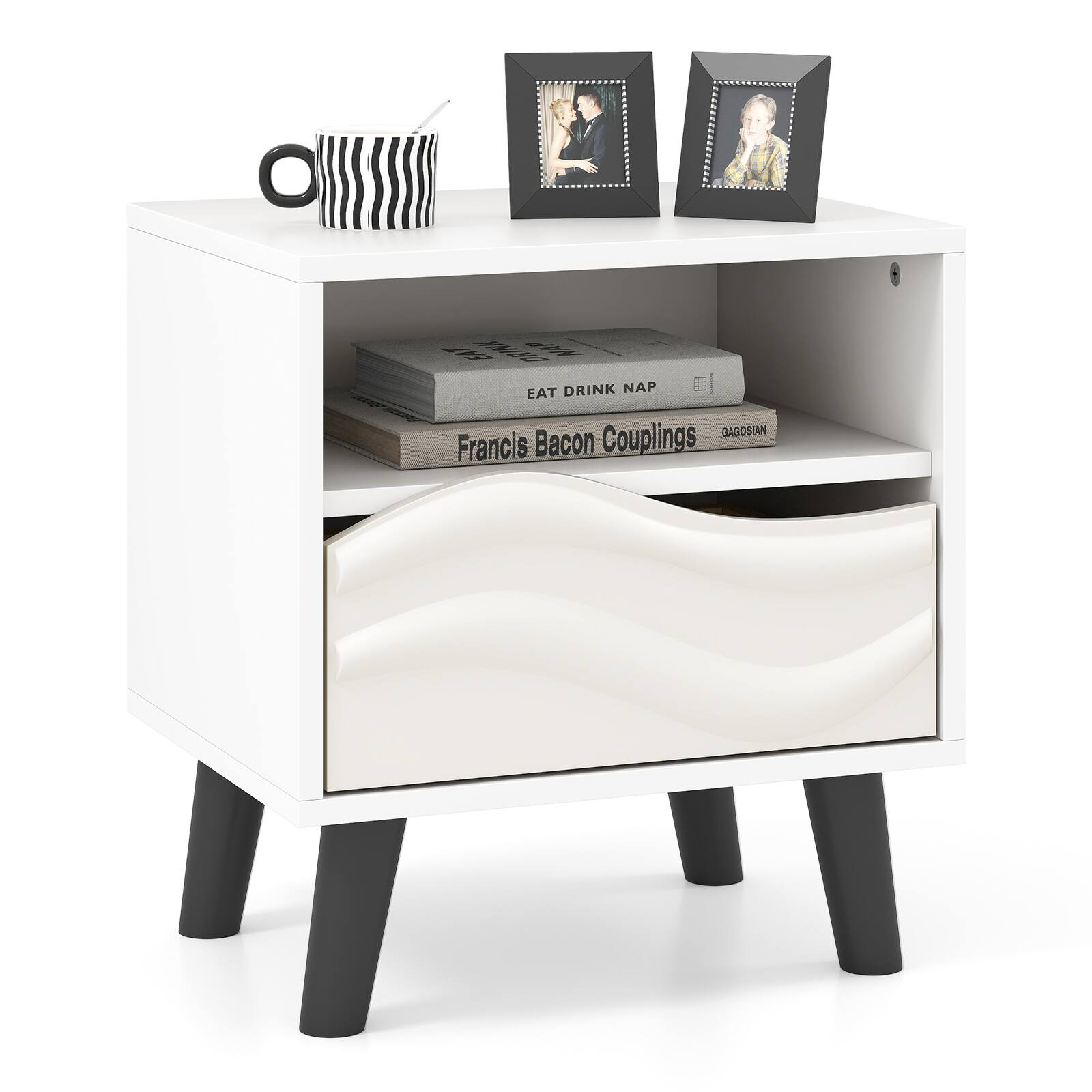 Gymax - Nightstand w/ Drawer 3D Wavy Pattern & Open Shelf Small Sofa Couch Side Table - White, Black
