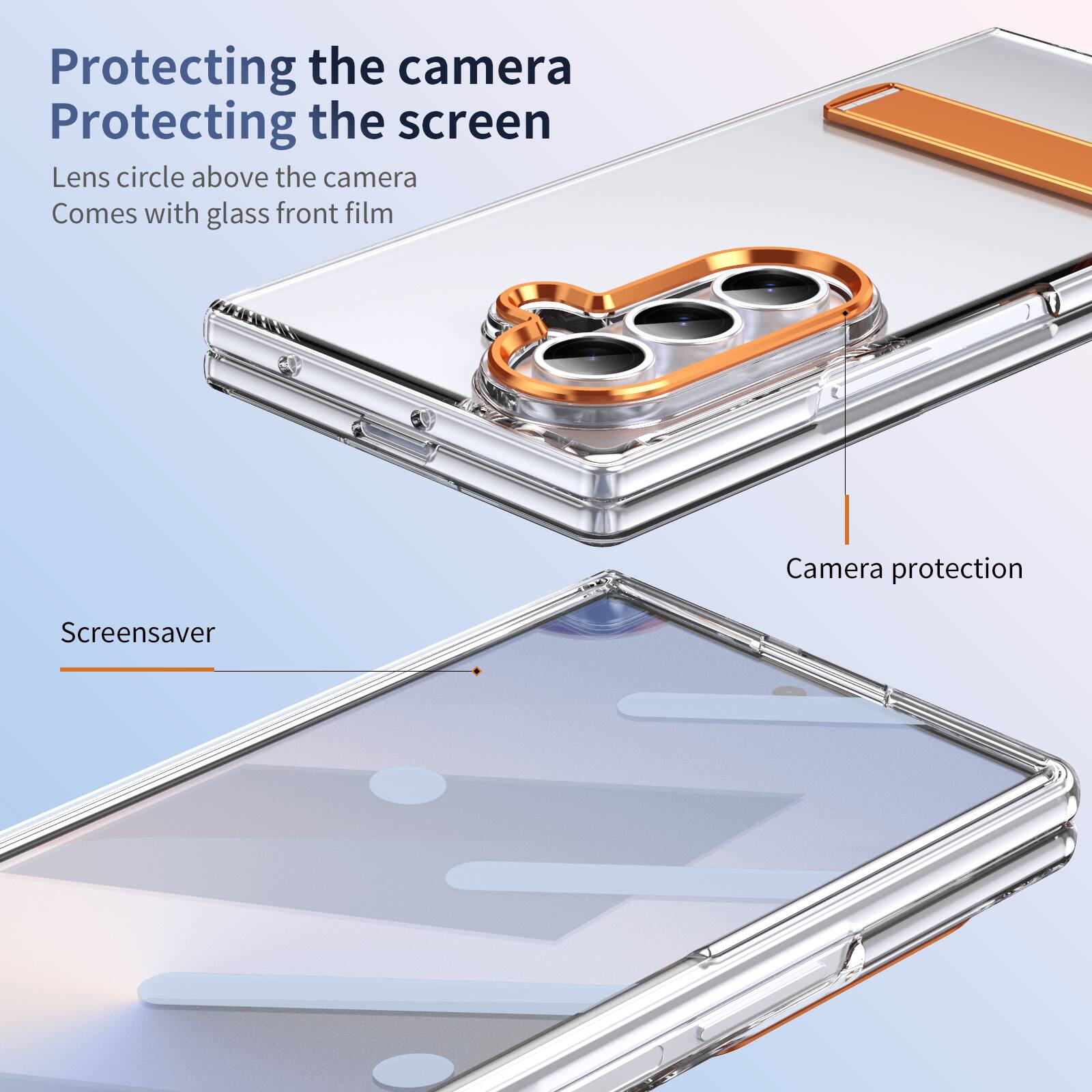 Protecting the camera  
Protecting the screen  
Lens circle above the camera  
Comes with glass front film  

Screensaver  
Camera protection